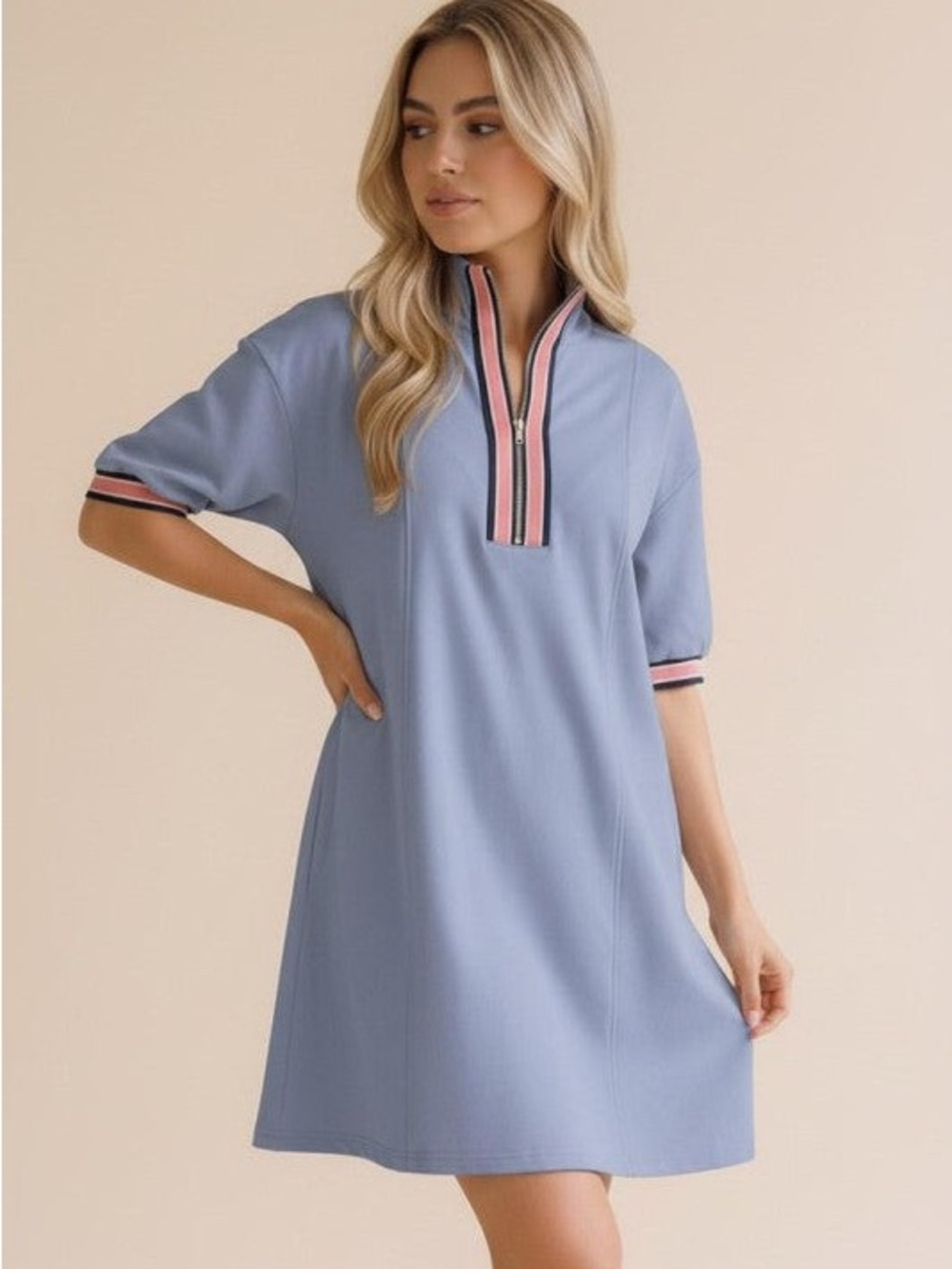 Light Blue Zip-Front Mini Dress with Pink Trim